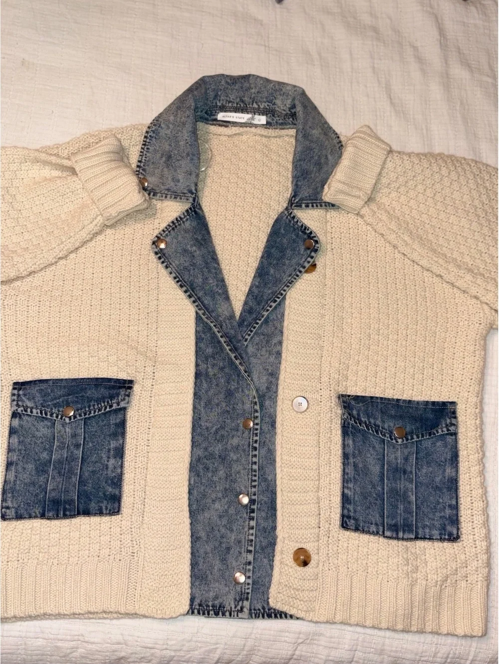 Altar'd State Hadley Cable Denim Mixed Cardigan Womens L Cream Jean Jacket